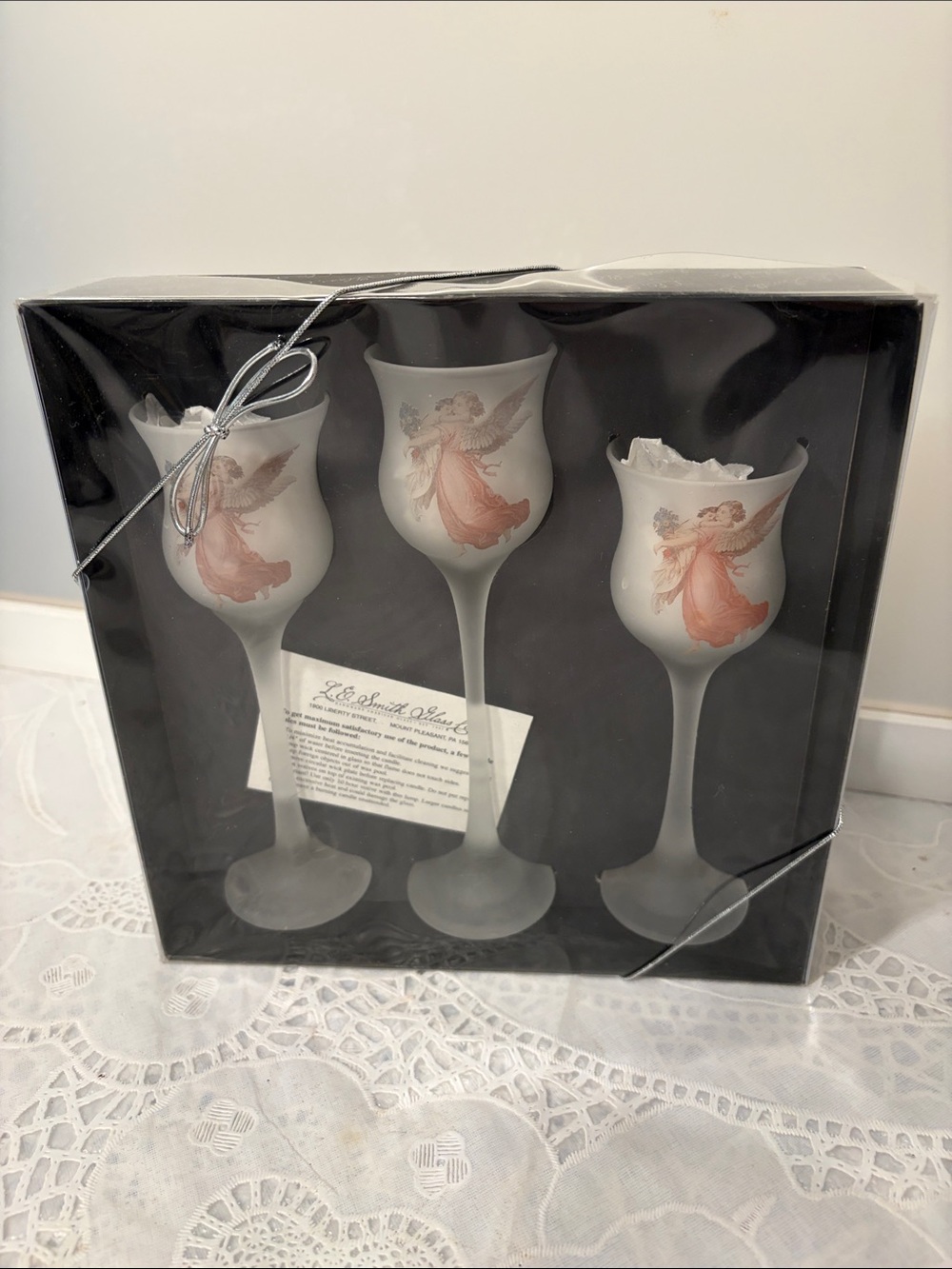 Angel Motif Frosted Glass Candle holders - Set of 3 (White with Pink Accents)
